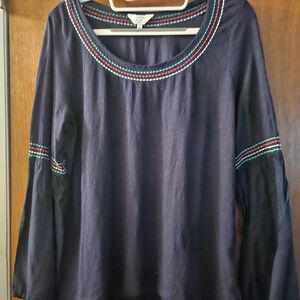 Crown & Ivy Navy Embroidered Scoop Neck Tunic with Multicolor Trim